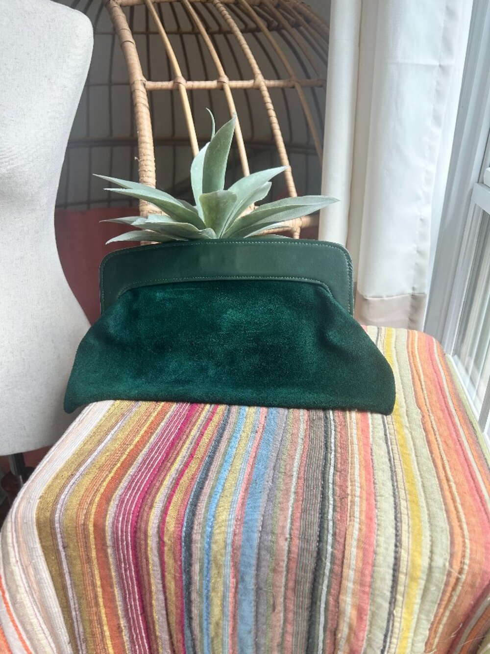 Vintage Forest Green Suede Clutch Leather Frame Evening Bag Minimalist